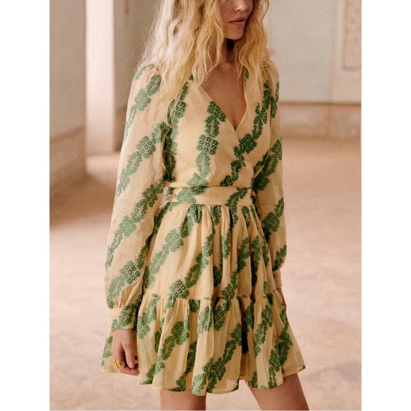 NWT Sezane Editions Mini Linen-Blend Faith Long-Sleeve Wrap Dress - Picture 1 of 9